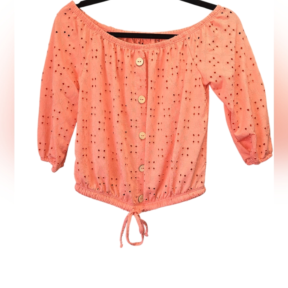 Coral Eyelet Off Shoulder‎ Crop Top Cottagecore Peasant Blouse Boho Coastal